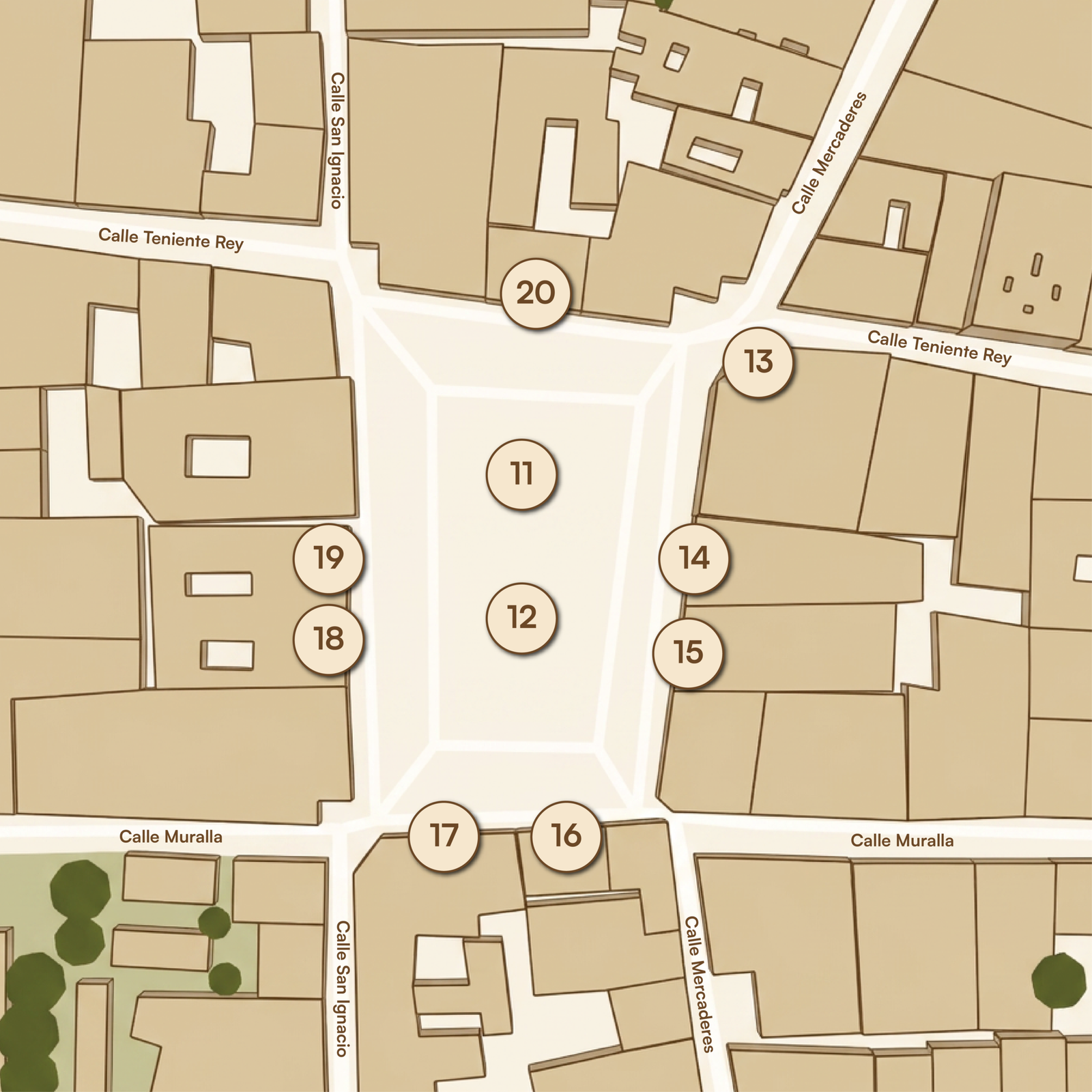 Mapa ilustrado de la Plaza Vieja con los 10 inmuebles numerados del 11 al 20