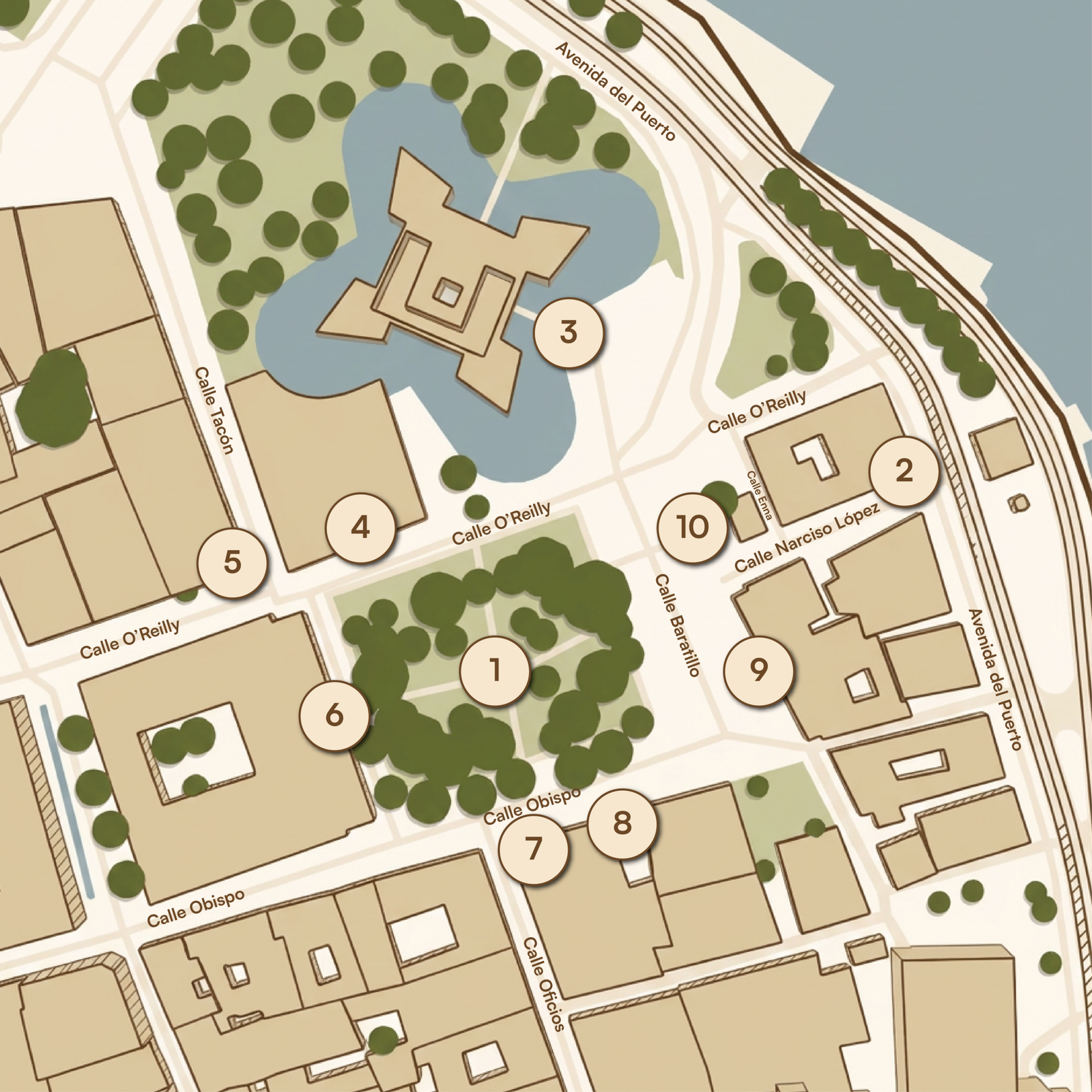 Mapa ilustrado de la Plaza de Armas con los 10 inmuebles numerados del 1 al 10